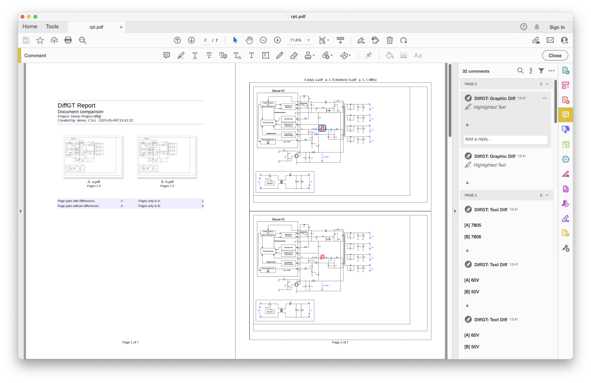 Diff GT 3.3 (PDF Report): PDF comparison for circuit diagrams, technical drawings(CAD), blueprints