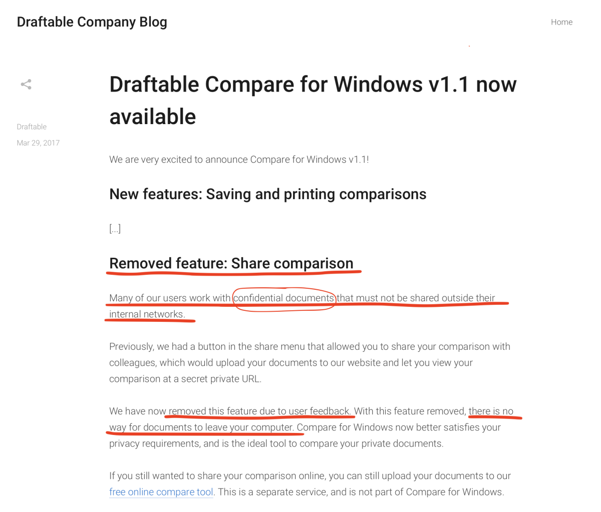 Draftable Compare disables sharing