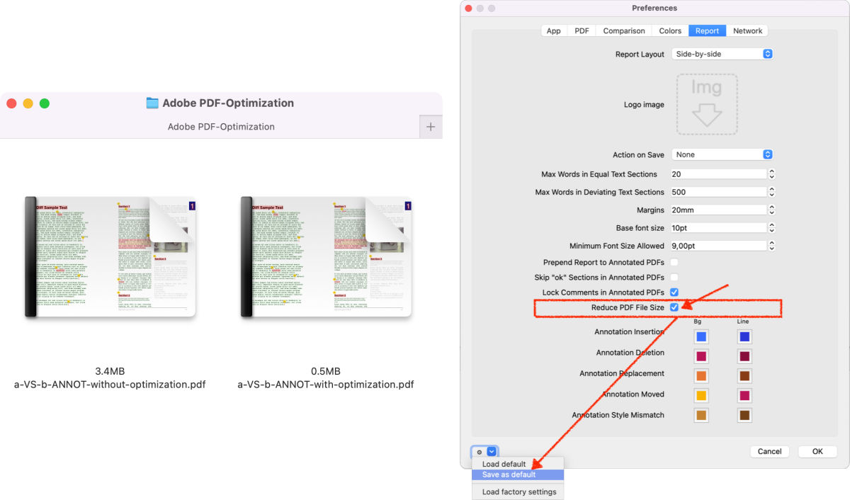 Compare PDF with PDiff 3.6: Settings for the Adobe PDF Optimizer