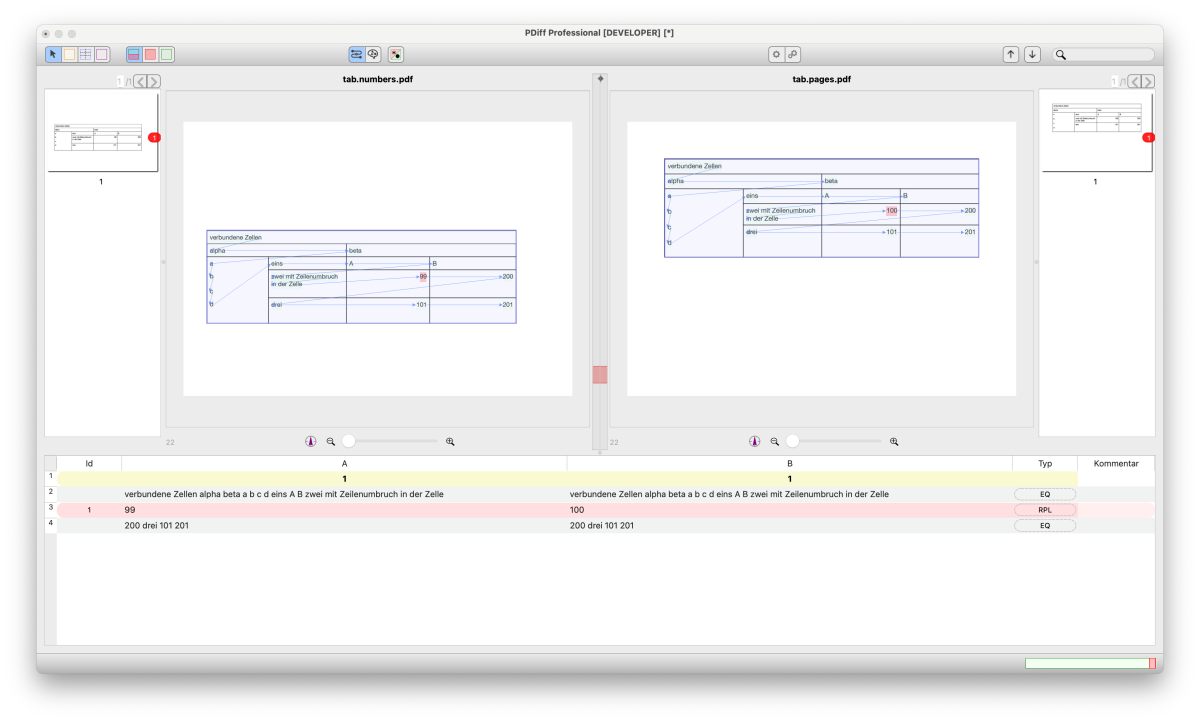 PDiff 3.8: Synchronisierter Textfluss nach Anwendung des Tabellentools