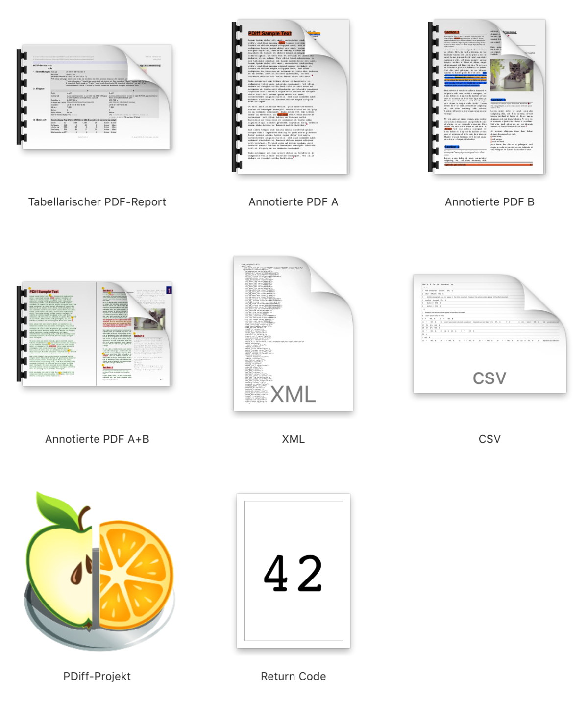 Ausgabeformate von PDiff: PDF, XML, CSV, PDiff-Projekte, Return Code